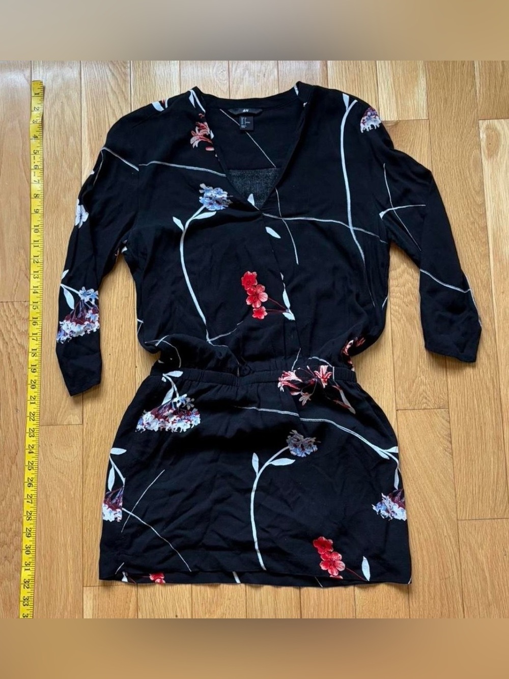 H&M Black Floral Mini Dress with Red and Blue Accents